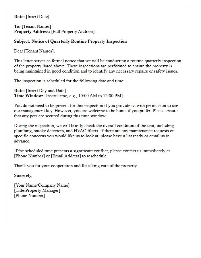 Quarterly Routine Property Inspection Notice Letter