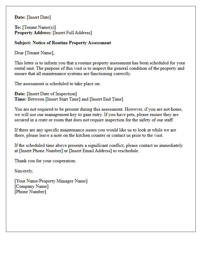 Tenant Routine Property Assessment Notice Letter