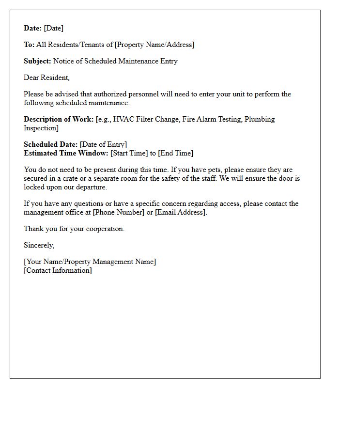 Scheduled Maintenance Entry Notification Letter