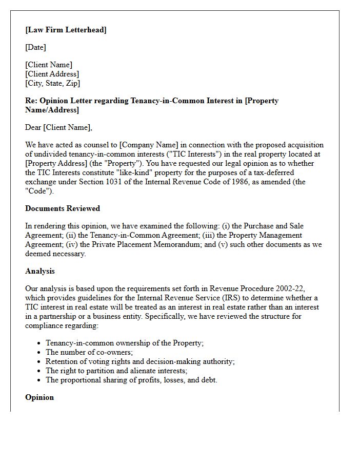 Tenancy In Common Like-Kind Exchange Structure Opinion Letter