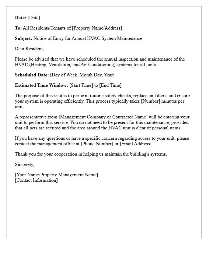Annual HVAC System Maintenance Entry Letter