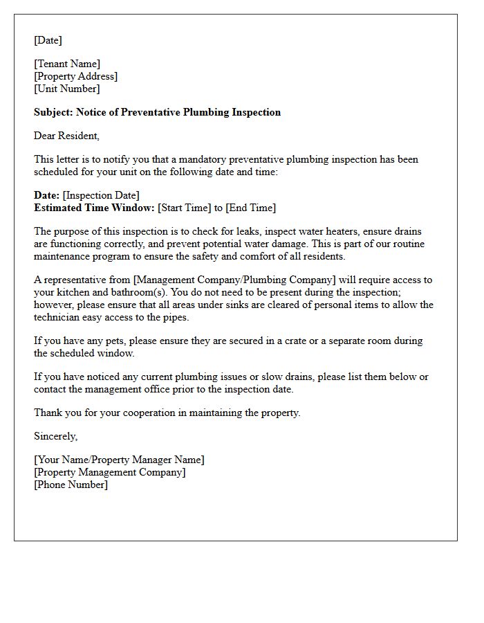 Preventative Plumbing Inspection Notice Letter