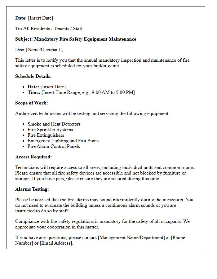 Mandatory Fire Safety Equipment Maintenance Letter