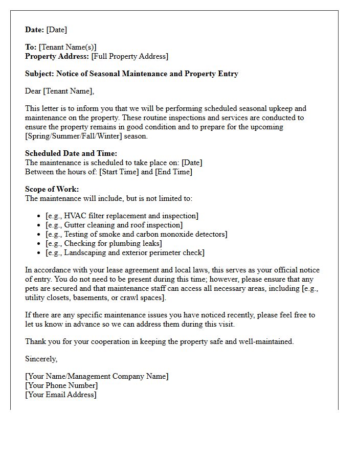 Seasonal Property Upkeep And Entry Letter