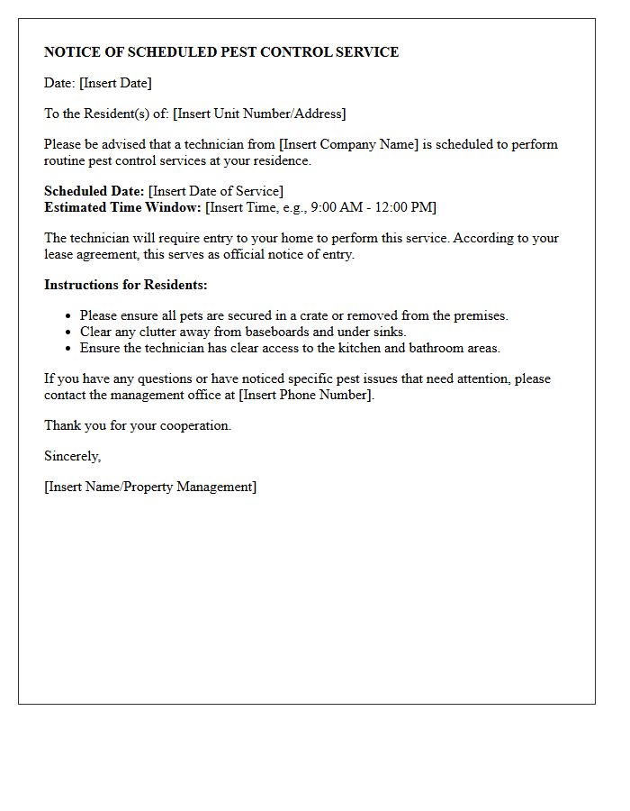 Pest Control Scheduled Service Entry Letter