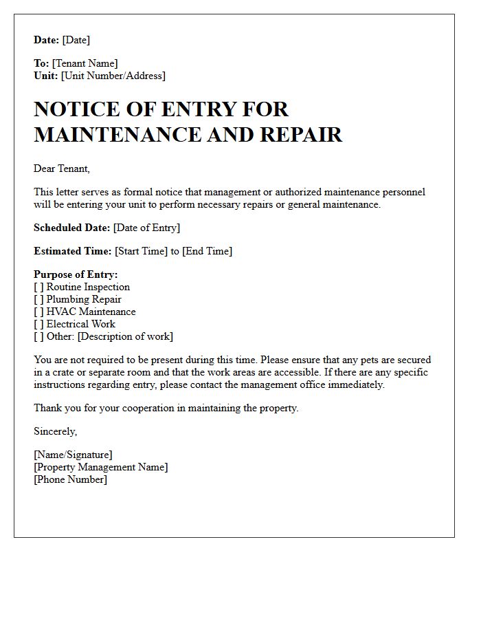 General Unit Maintenance And Repair Notice Letter
