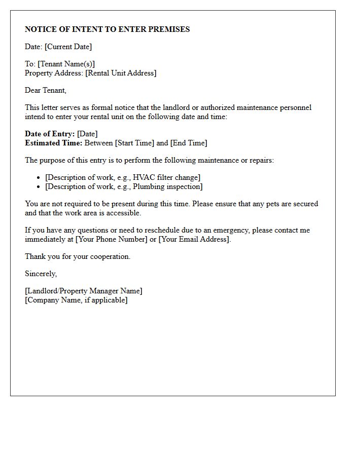 Landlord Intent To Enter For Maintenance Letter