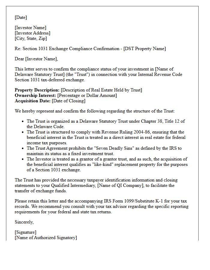 Delaware Statutory Trust Like-Kind Exchange Compliance Letter