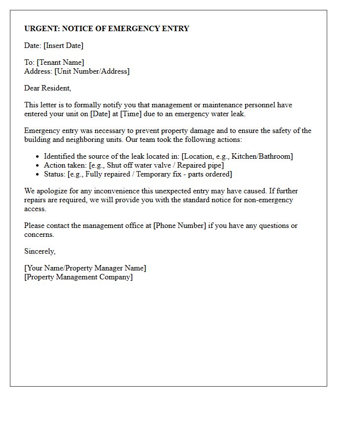 Emergency Water Leak Repair Entry Notice Letter