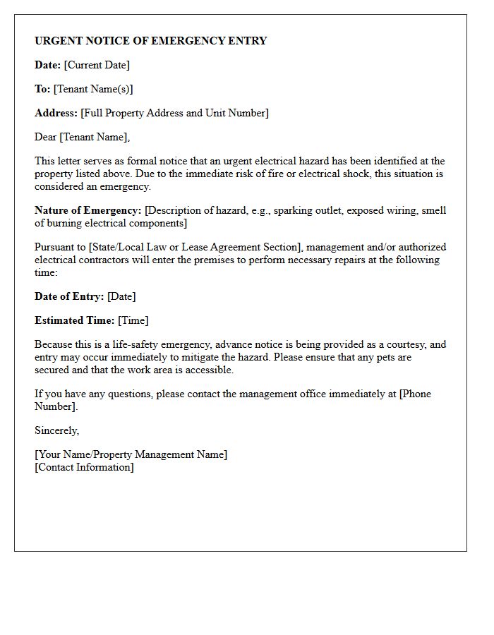 Urgent Electrical Hazard Repair Entry Notice Letter