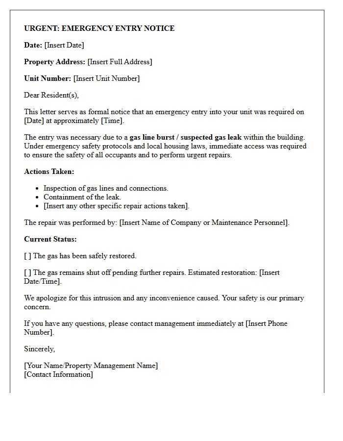 Gas Line Burst Emergency Repair Entry Notice Letter