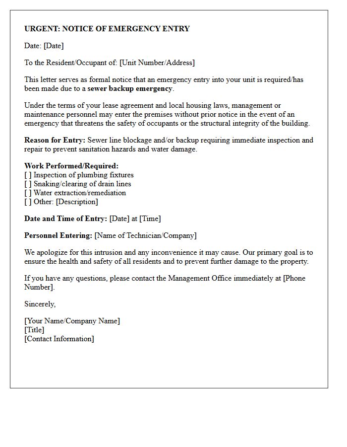 Sewer Backup Emergency Repair Entry Notice Letter