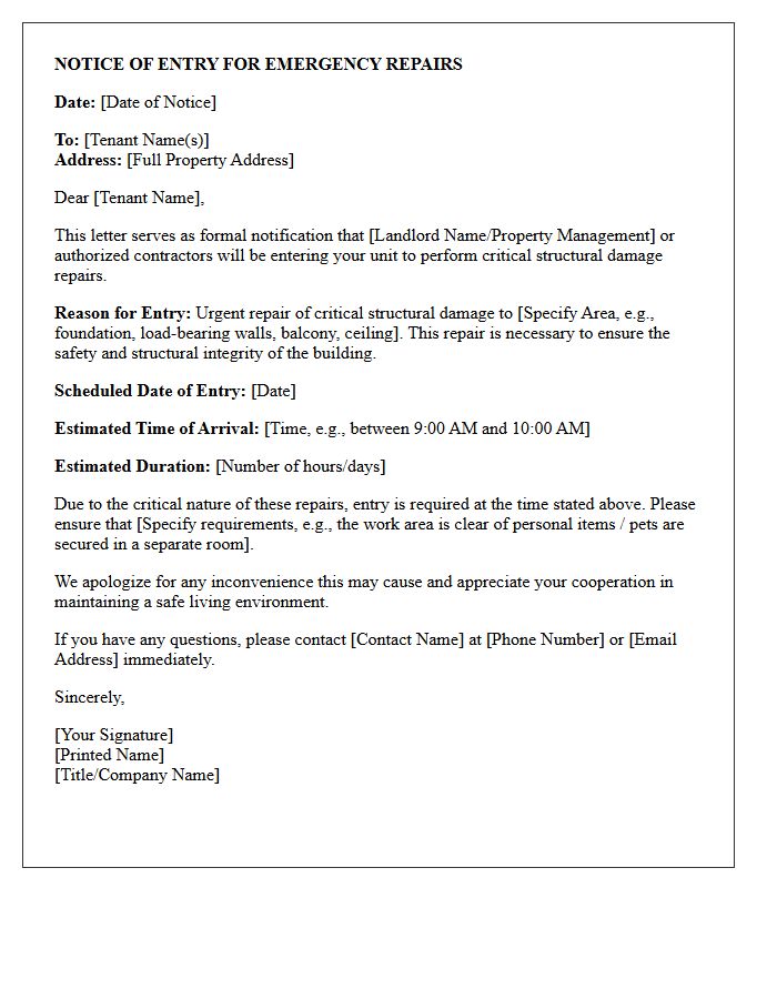 Critical Structural Damage Repair Entry Notice Letter