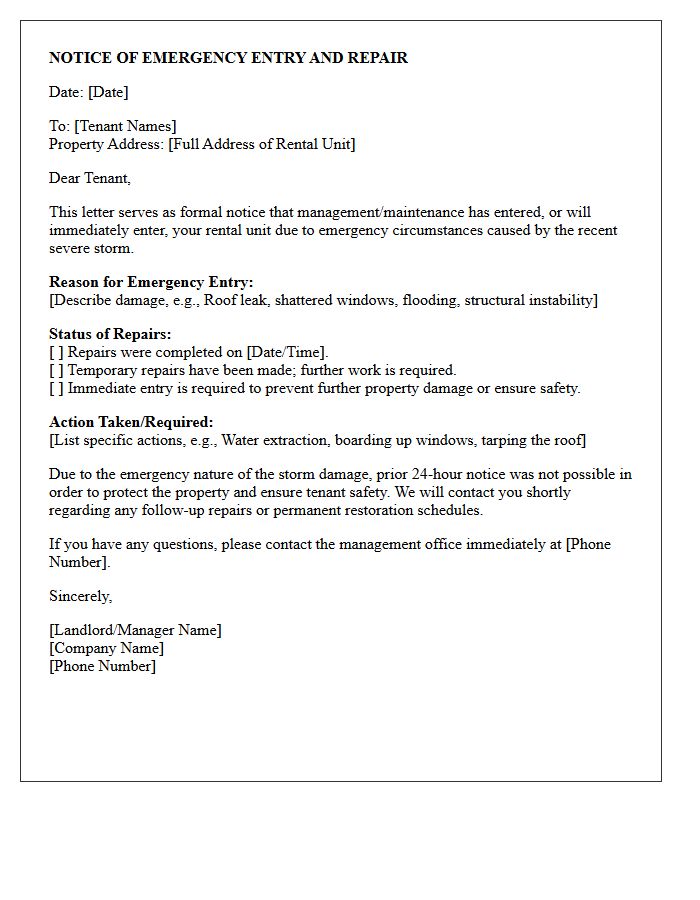 Severe Storm Damage Emergency Repair Entry Notice Letter