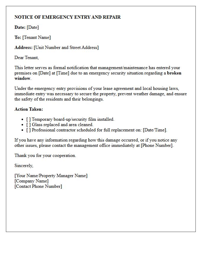 Broken Window Security Emergency Repair Entry Notice Letter