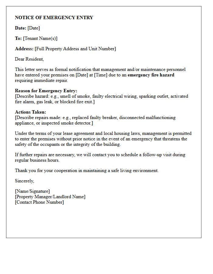 Fire Hazard Emergency Repair Entry Notice Letter
