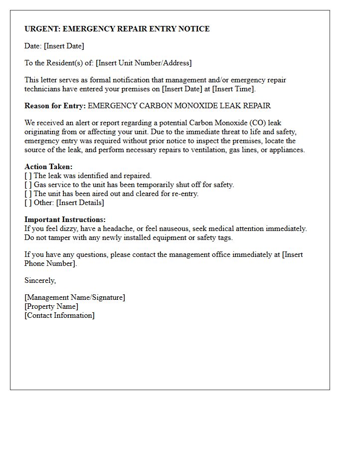 Carbon Monoxide Leak Emergency Repair Entry Notice Letter