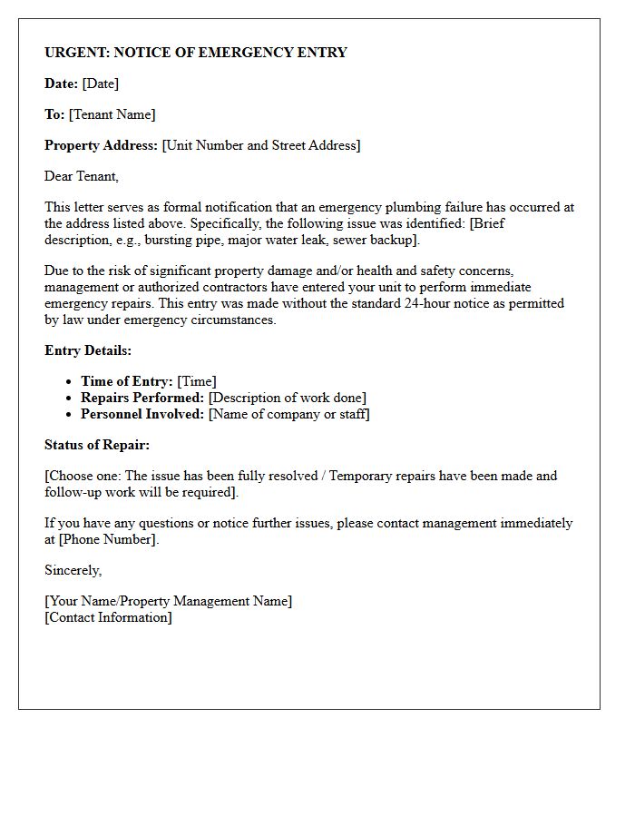 Plumbing Failure Emergency Repair Entry Notice Letter