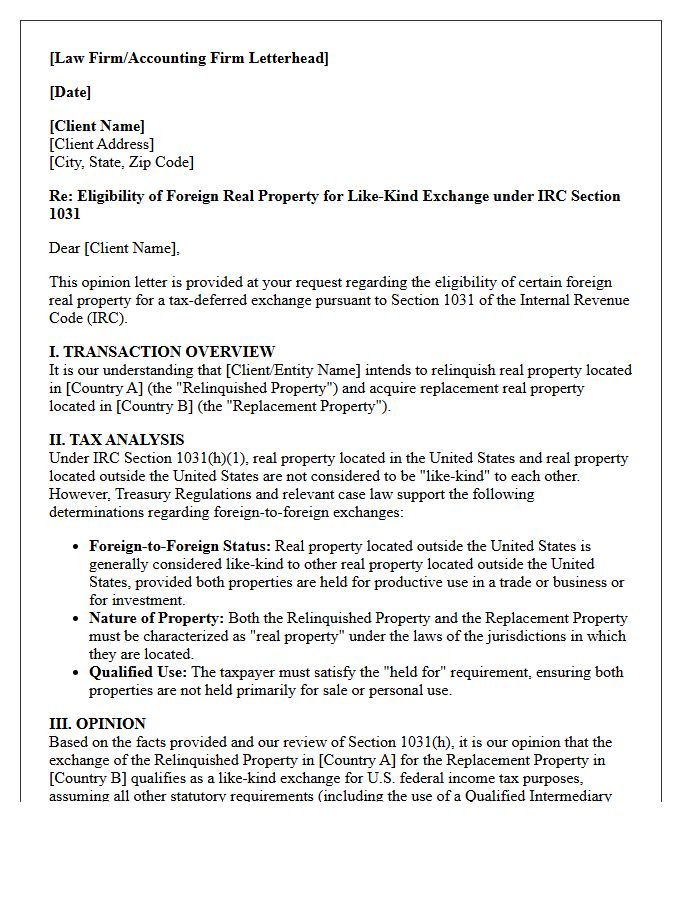 Foreign Real Property Like-Kind Exchange Eligibility Opinion Letter