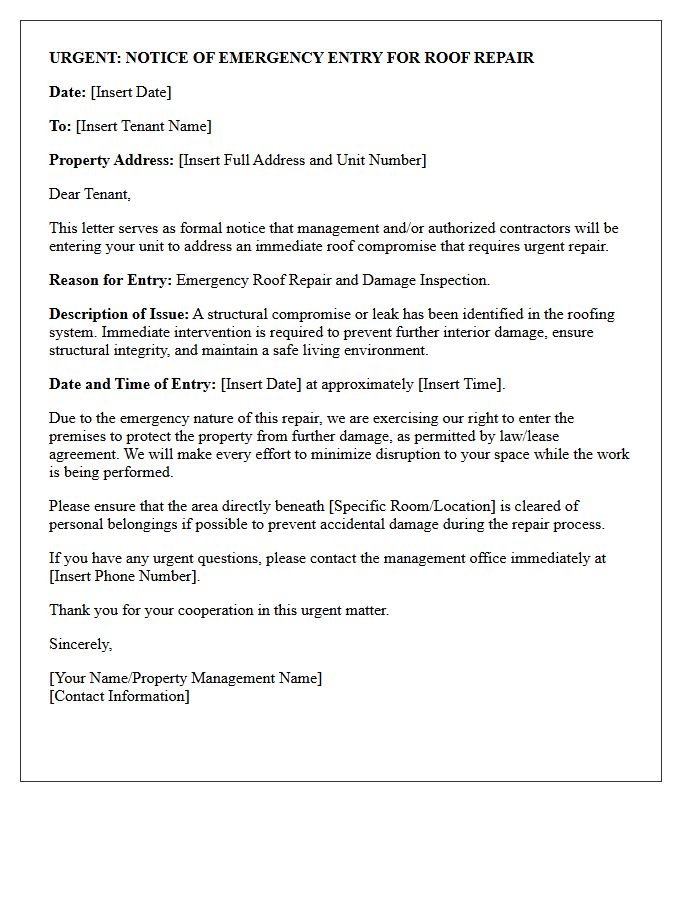 Immediate Roof Compromise Repair Entry Notice Letter