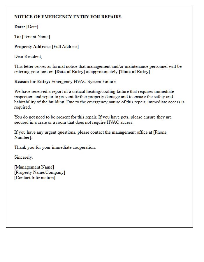 HVAC System Failure Emergency Repair Entry Notice Letter