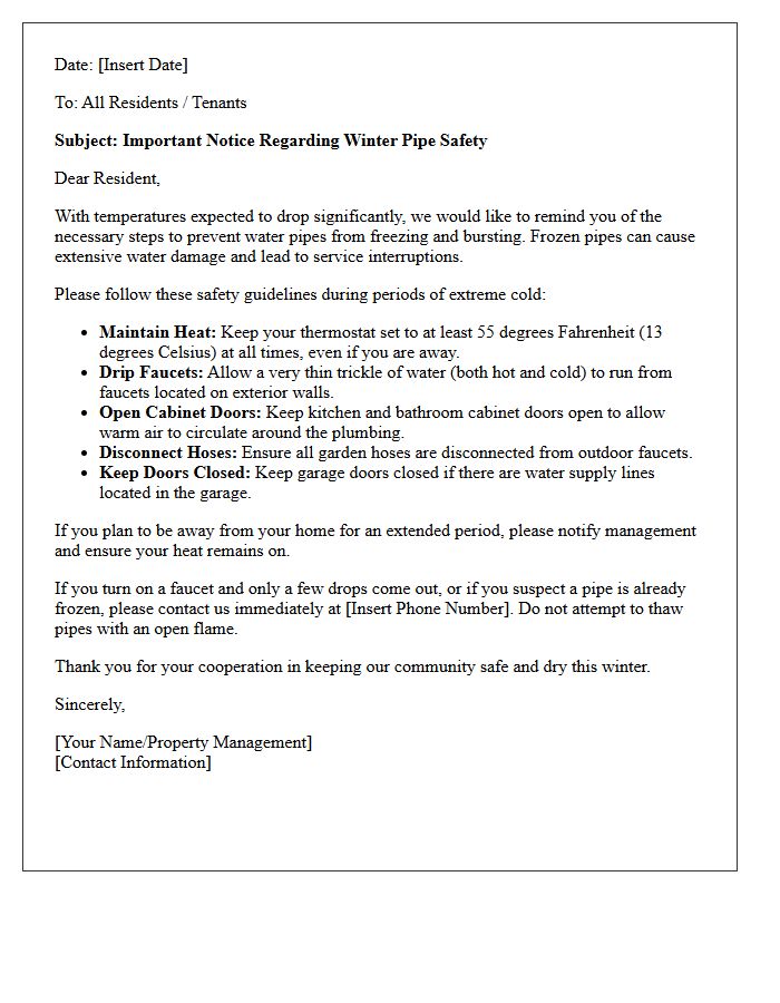 Winter Pipe Freeze Prevention Letter