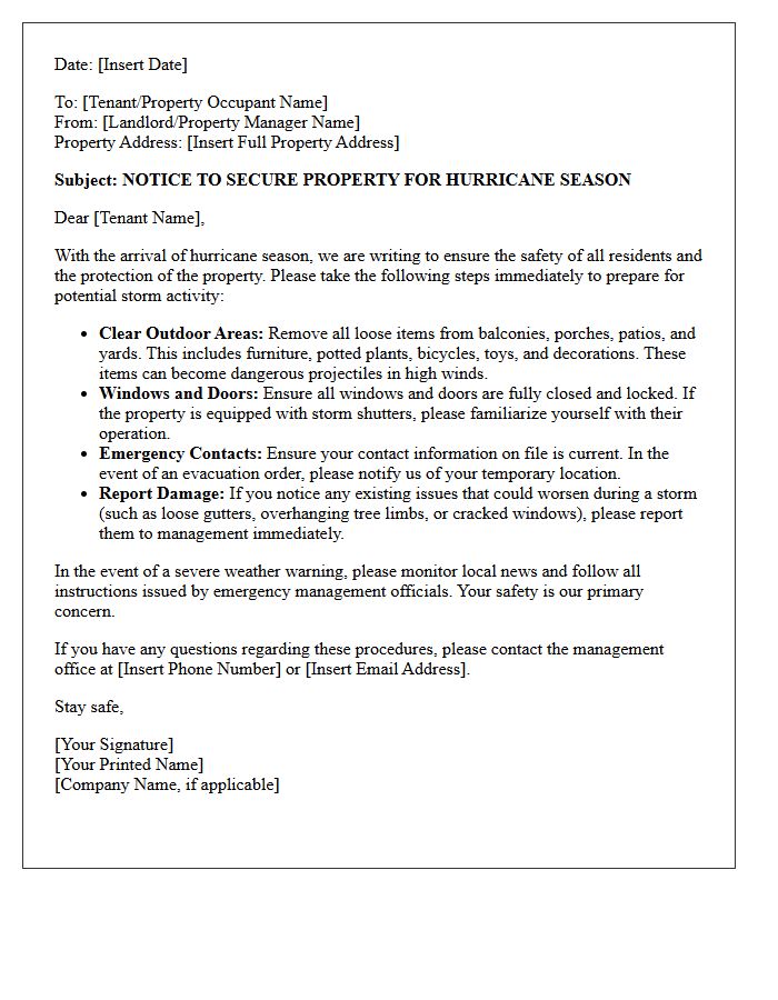 Hurricane Season Property Securing Letter