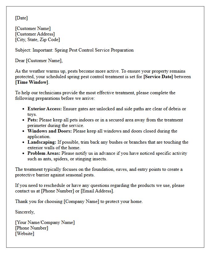 Spring Pest Control Preparation Letter