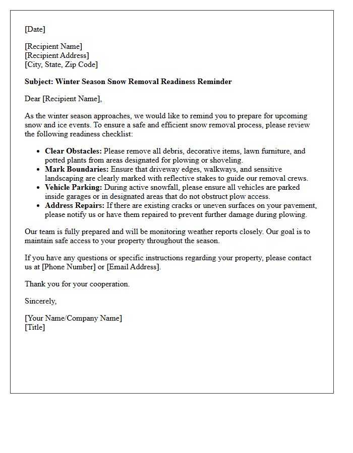 Snow Removal Readiness Reminder Letter