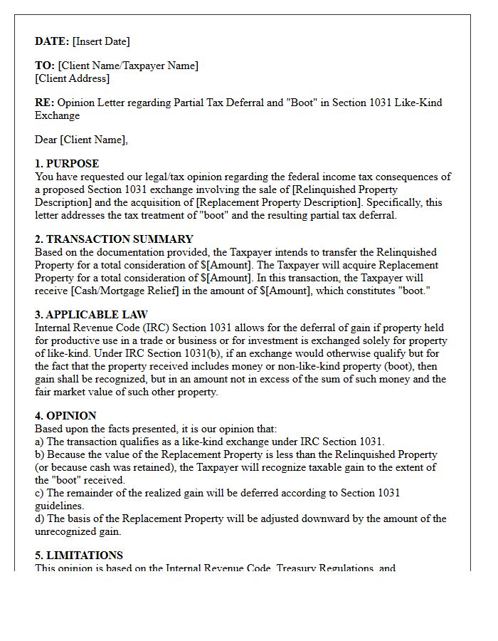 Partial Tax Deferral And Boot Like-Kind Exchange Opinion Letter