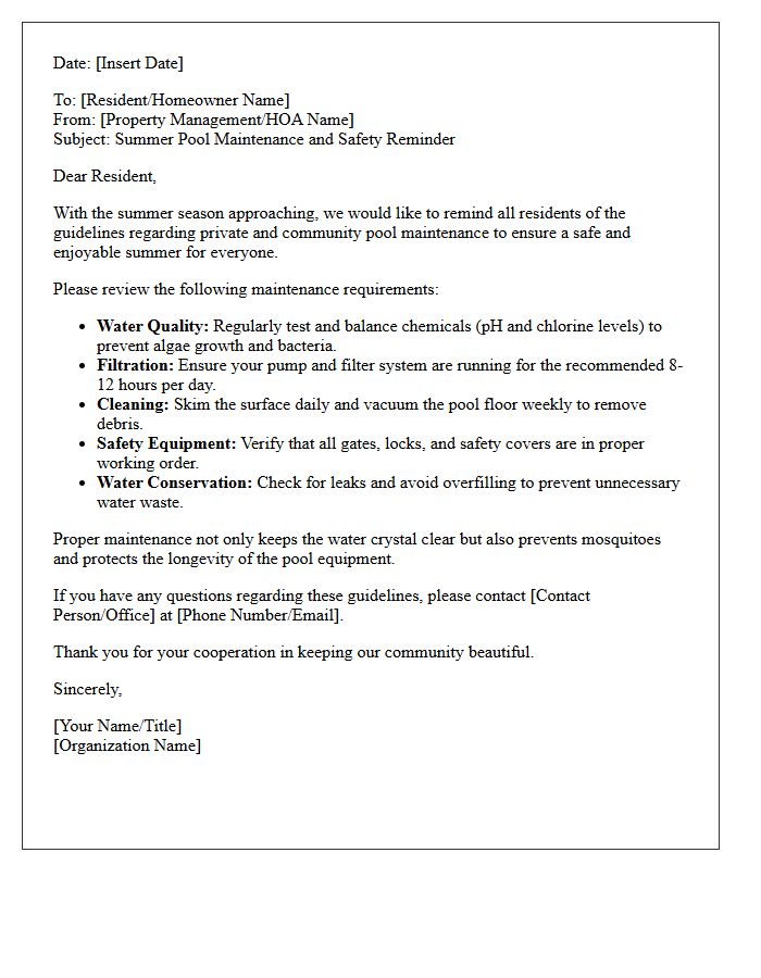 Summer Pool Maintenance Reminder Letter