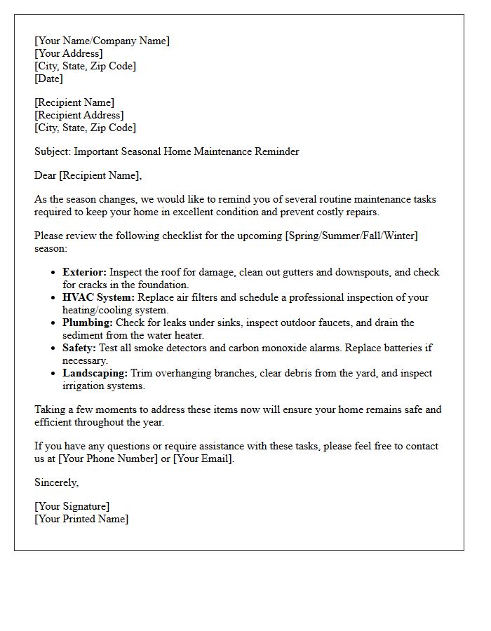 General Seasonal Home Upkeep Letter