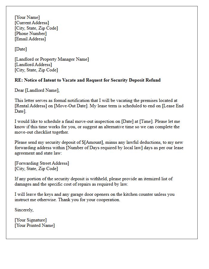 Security Deposit Refund and Move-Out Checklist Letter