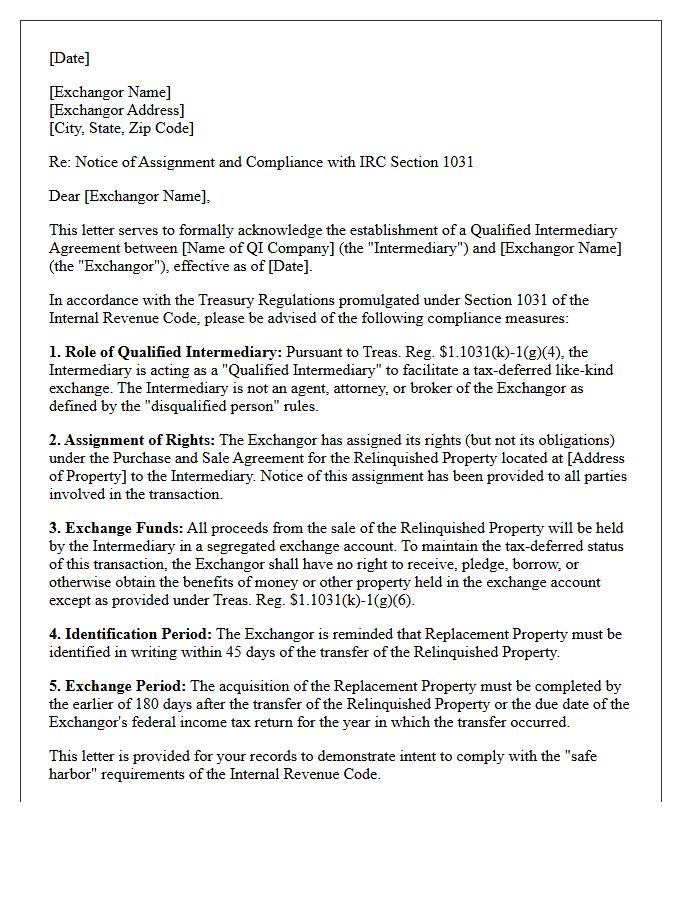 Qualified Intermediary Agreement Like-Kind Exchange Compliance Letter