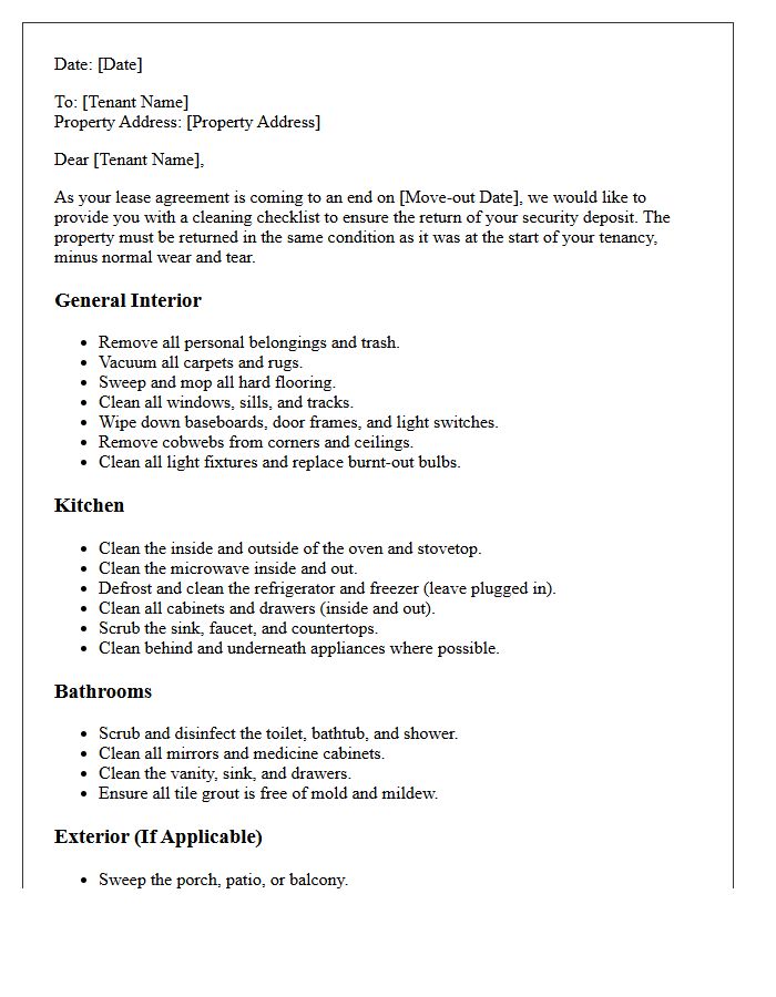 Tenant Cleaning Requirements Move-Out Checklist Letter