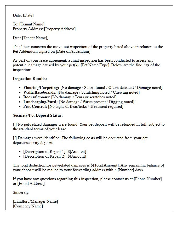 Pet Addendum Move-Out Inspection Letter