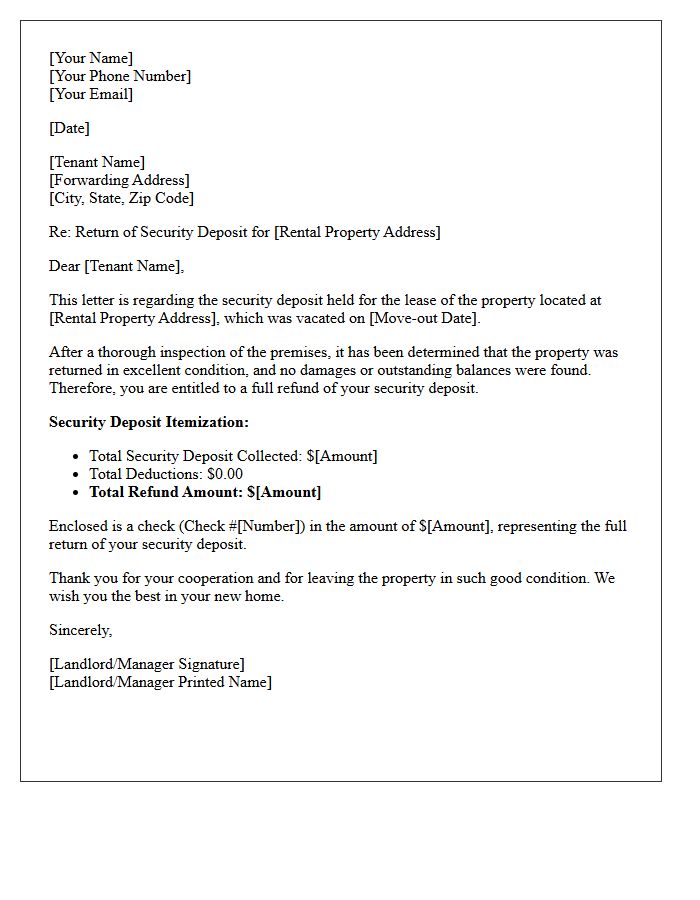 Full Refund Security Deposit Itemization Letter
