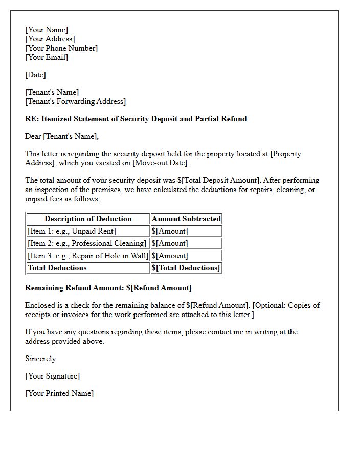Partial Refund Security Deposit Itemization Letter
