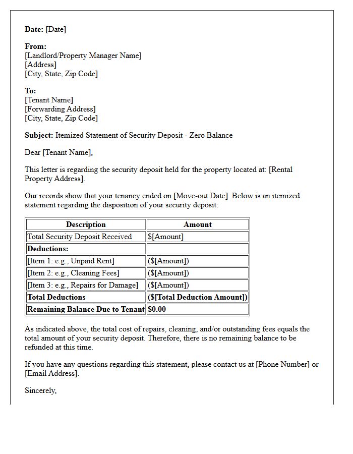 Zero Balance Security Deposit Itemization Letter