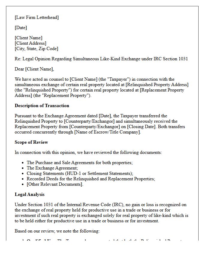 Simultaneous Transfer Like-Kind Exchange Legal Opinion Letter