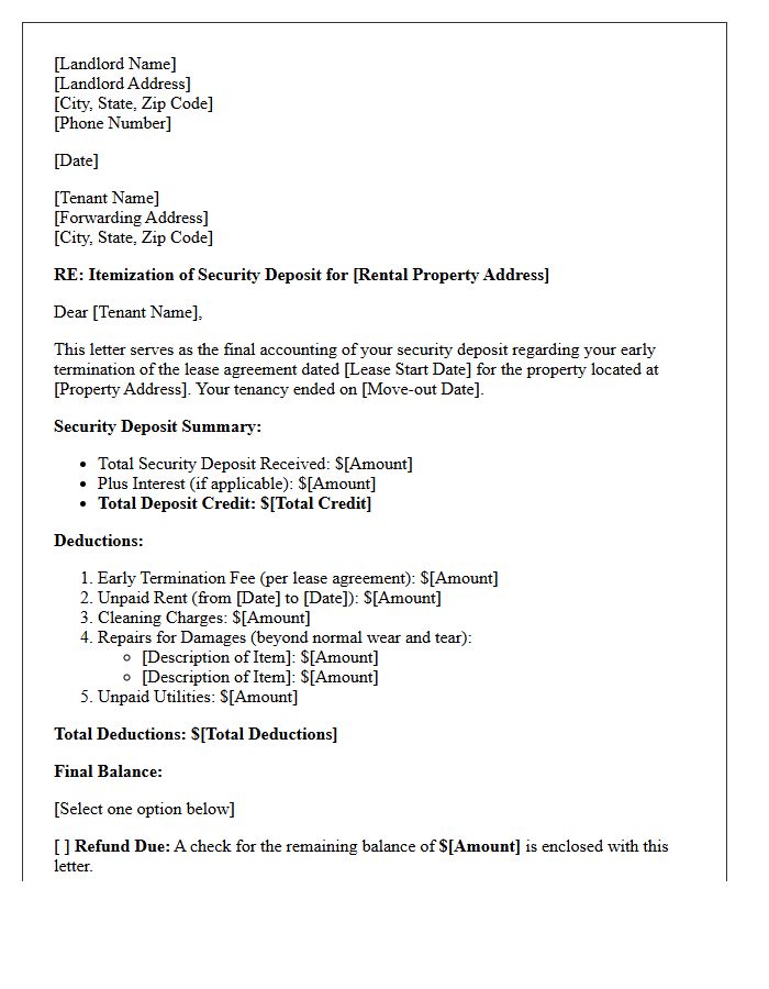 Early Lease Termination Security Deposit Itemization Letter