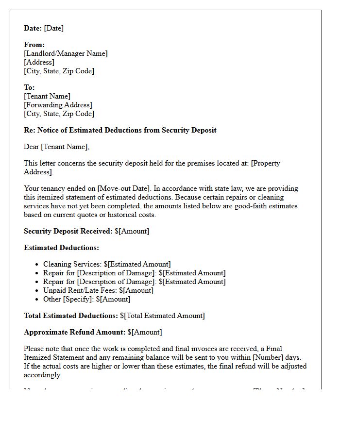Estimated Deductions Security Deposit Itemization Letter