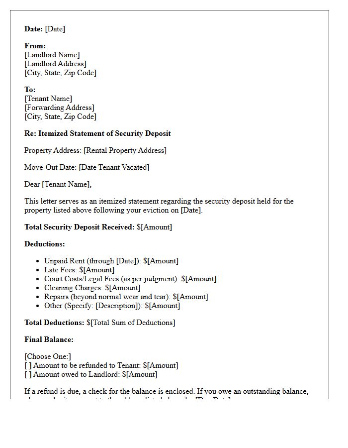 Eviction Move-Out Security Deposit Itemization Letter