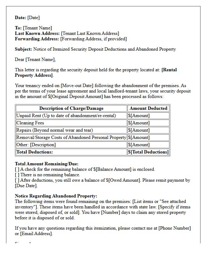 Abandoned Property Security Deposit Itemization Letter