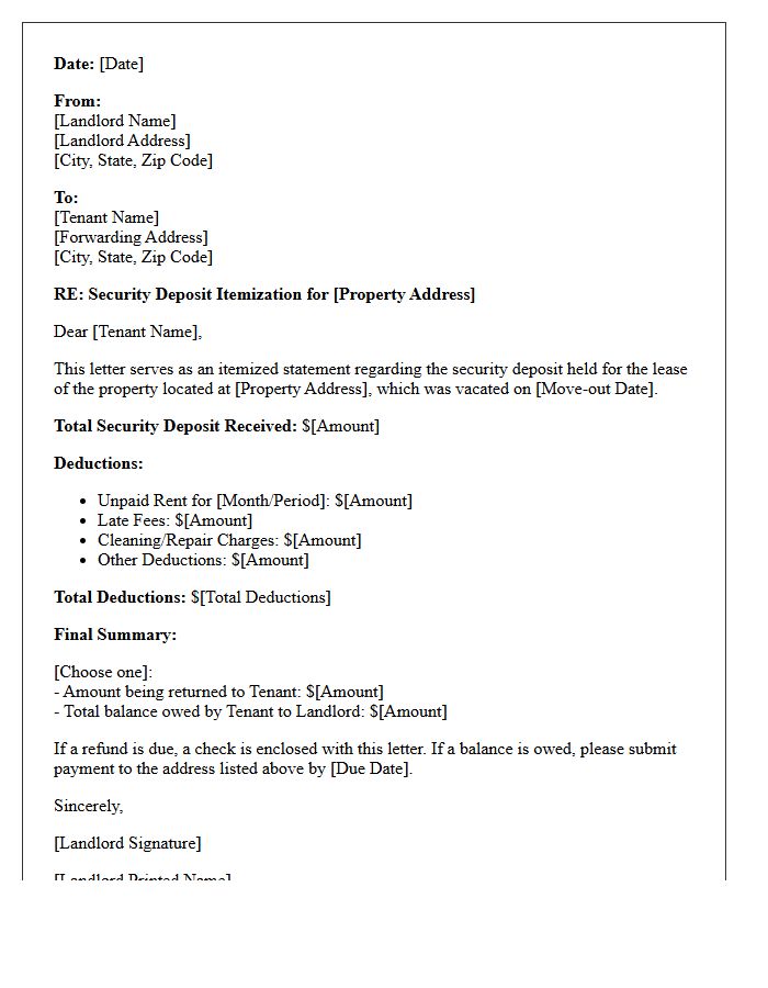 Unpaid Rent Security Deposit Itemization Letter