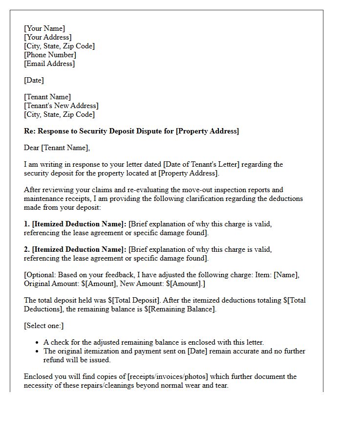 Dispute Response Security Deposit Itemization Letter