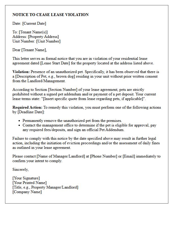 Unauthorized Pet Lease Violation Letter