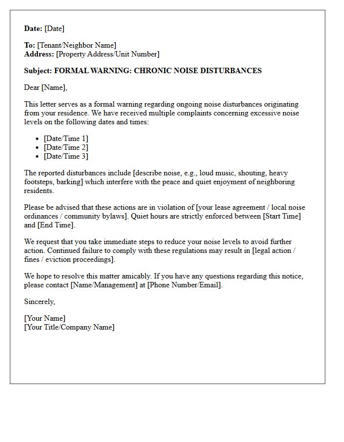 Chronic Noise Complaint Warning Letter