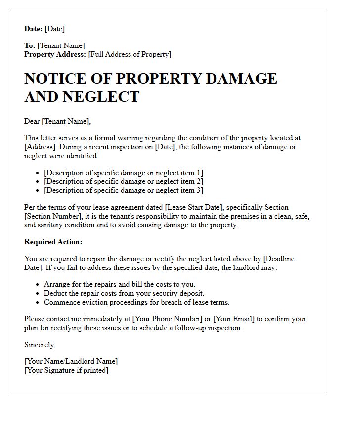 Property Damage And Neglect Warning Letter
