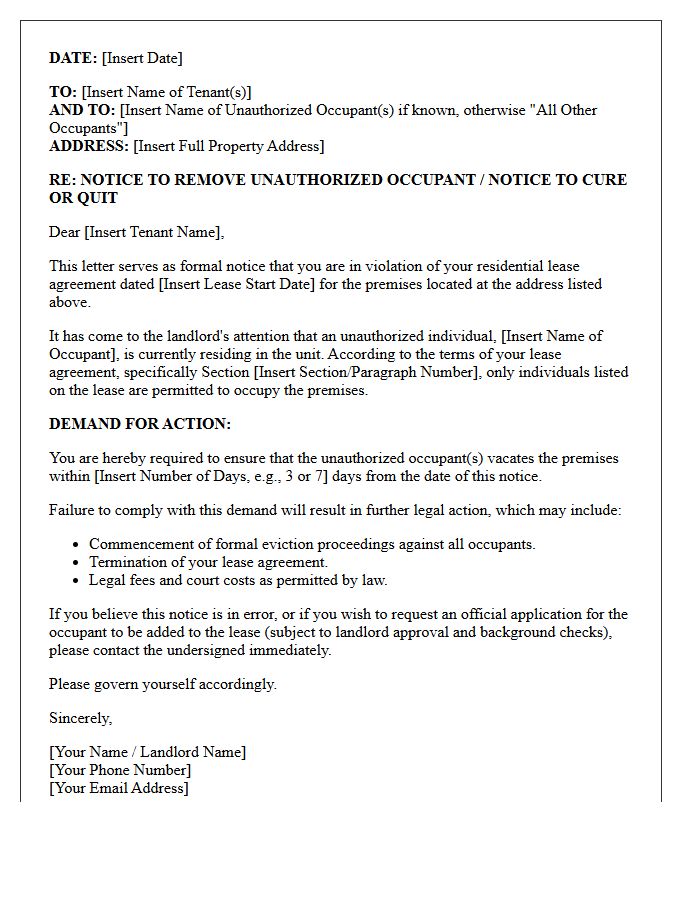 Unauthorized Occupant Pre-Eviction Letter